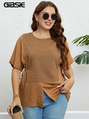 GIBSIE lielizmēra svītrains, gadījuma mezgls, sānu t-paids, sieviešu 2023. gada jauns vasaras modes korejiešu T-krekli ar O veida kakla izgriezumu