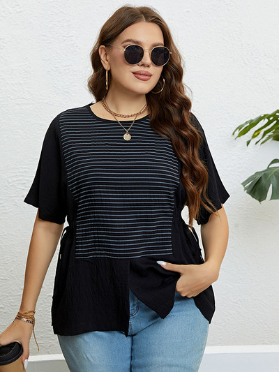 GIBSIE lielizmēra svītrains, gadījuma mezgls, sānu t-paids, sieviešu 2023. gada jauns vasaras modes korejiešu T-krekli ar O veida kakla izgriezumu