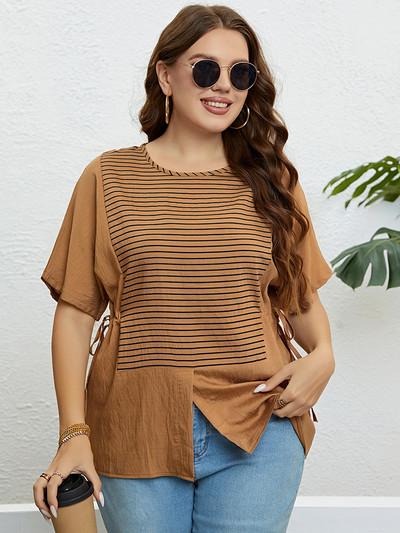 GIBSIE lielizmēra svītrains, gadījuma mezgls, sānu t-paids, sieviešu 2023. gada jauns vasaras modes korejiešu T-krekli ar O veida kakla izgriezumu