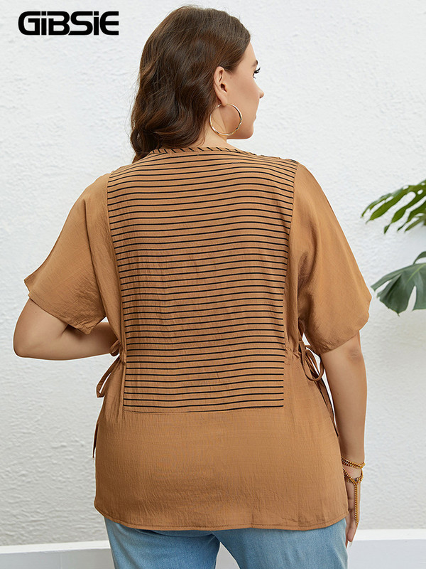 GIBSIE lielizmēra svītrains, gadījuma mezgls, sānu t-paids, sieviešu 2023. gada jauns vasaras modes korejiešu T-krekli ar O veida kakla izgriezumu
