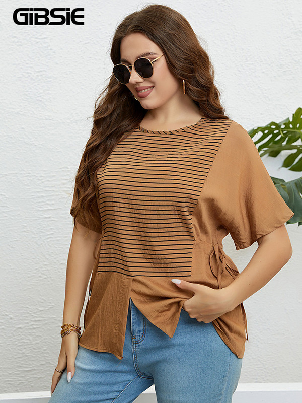 GIBSIE lielizmēra svītrains, gadījuma mezgls, sānu t-paids, sieviešu 2023. gada jauns vasaras modes korejiešu T-krekli ar O veida kakla izgriezumu