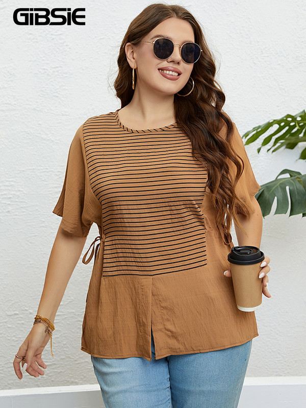 GIBSIE lielizmēra svītrains, gadījuma mezgls, sānu t-paids, sieviešu 2023. gada jauns vasaras modes korejiešu T-krekli ar O veida kakla izgriezumu