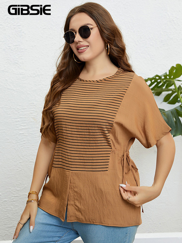 GIBSIE lielizmēra svītrains, gadījuma mezgls, sānu t-paids, sieviešu 2023. gada jauns vasaras modes korejiešu T-krekli ar O veida kakla izgriezumu