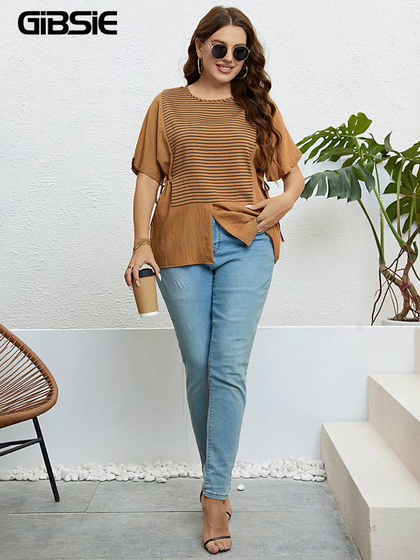 GIBSIE lielizmēra svītrains, gadījuma mezgls, sānu t-paids, sieviešu 2023. gada jauns vasaras modes korejiešu T-krekli ar O veida kakla izgriezumu