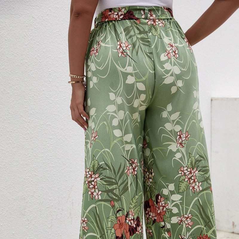 Liela izmēra ziedu apdruka Vasaras elegantas platas bikses elastīgas vidukļa jostas gadījuma Bohēmijas bikses sieviešu liela izmēra 6XL