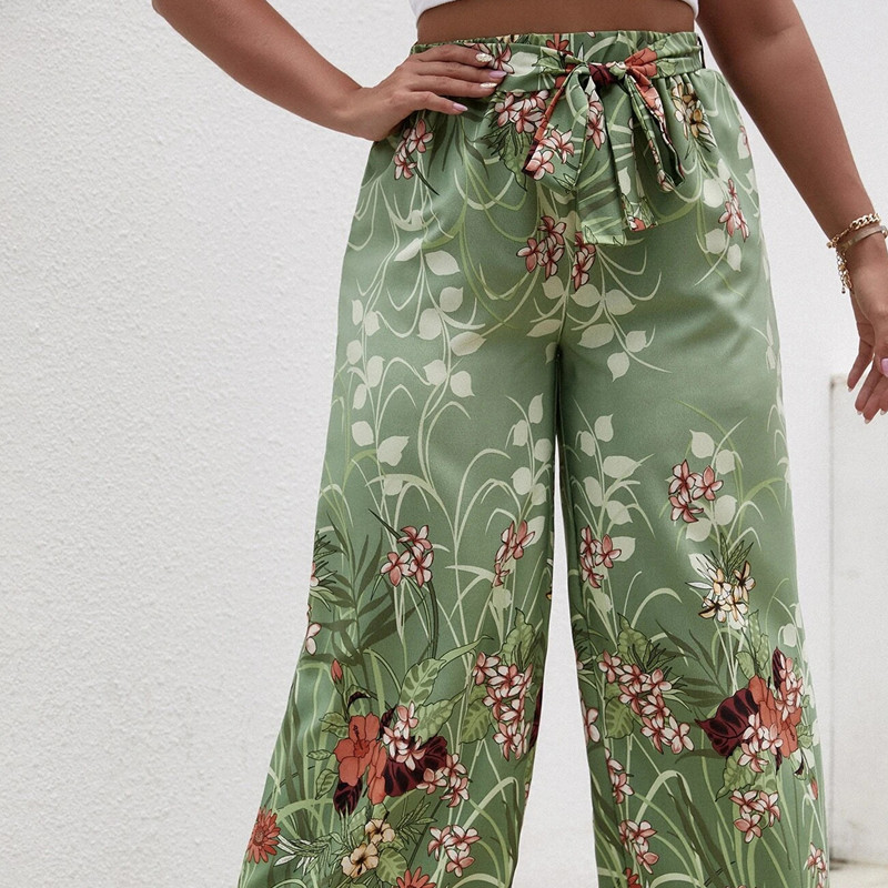 Liela izmēra ziedu apdruka Vasaras elegantas platas bikses elastīgas vidukļa jostas gadījuma Bohēmijas bikses sieviešu liela izmēra 6XL