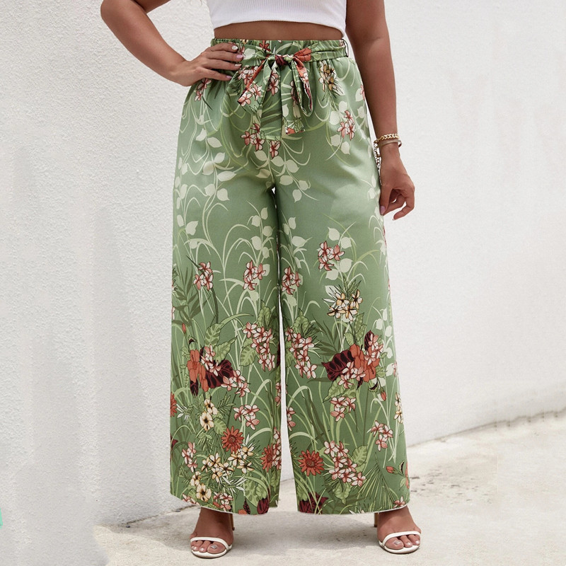 Liela izmēra ziedu apdruka Vasaras elegantas platas bikses elastīgas vidukļa jostas gadījuma Bohēmijas bikses sieviešu liela izmēra 6XL