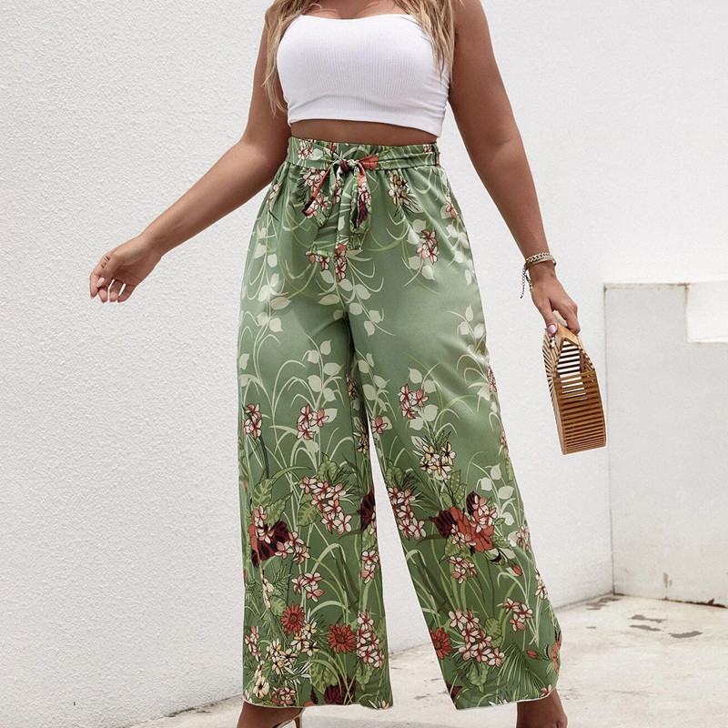 Liela izmēra ziedu apdruka Vasaras elegantas platas bikses elastīgas vidukļa jostas gadījuma Bohēmijas bikses sieviešu liela izmēra 6XL
