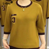 Irodai női 3/4 ujjú póló felsők, egyszínű alkalmi elegáns, mindenre passzoló nyári O-nyakú, bő, nagy méretű kötés női ruházat