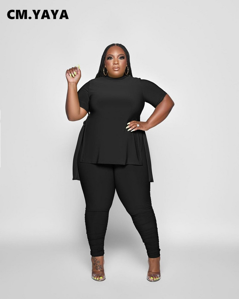 CM.YAYA Liela izmēra treniņš sievietēm, divi 2 daļīgs komplekts, apģērbs, sporta tērps, 2022. gada kaklasaites sānu T-krekls un stulpiņi, bikses, atbilstošs sporta tērps