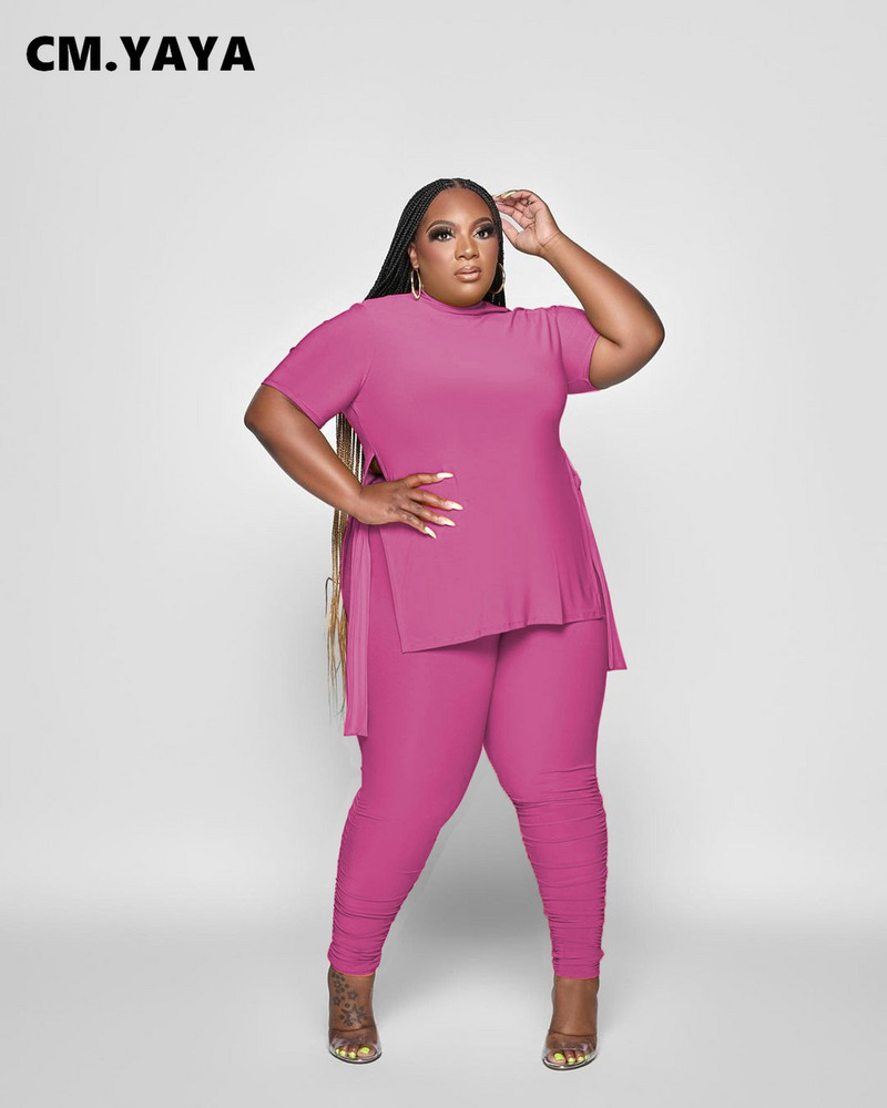 CM.YAYA Liela izmēra treniņš sievietēm, divi 2 daļīgs komplekts, apģērbs, sporta tērps, 2022. gada kaklasaites sānu T-krekls un stulpiņi, bikses, atbilstošs sporta tērps