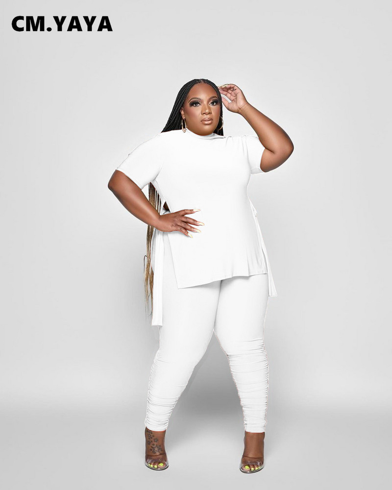 CM.YAYA Liela izmēra treniņš sievietēm, divi 2 daļīgs komplekts, apģērbs, sporta tērps, 2022. gada kaklasaites sānu T-krekls un stulpiņi, bikses, atbilstošs sporta tērps