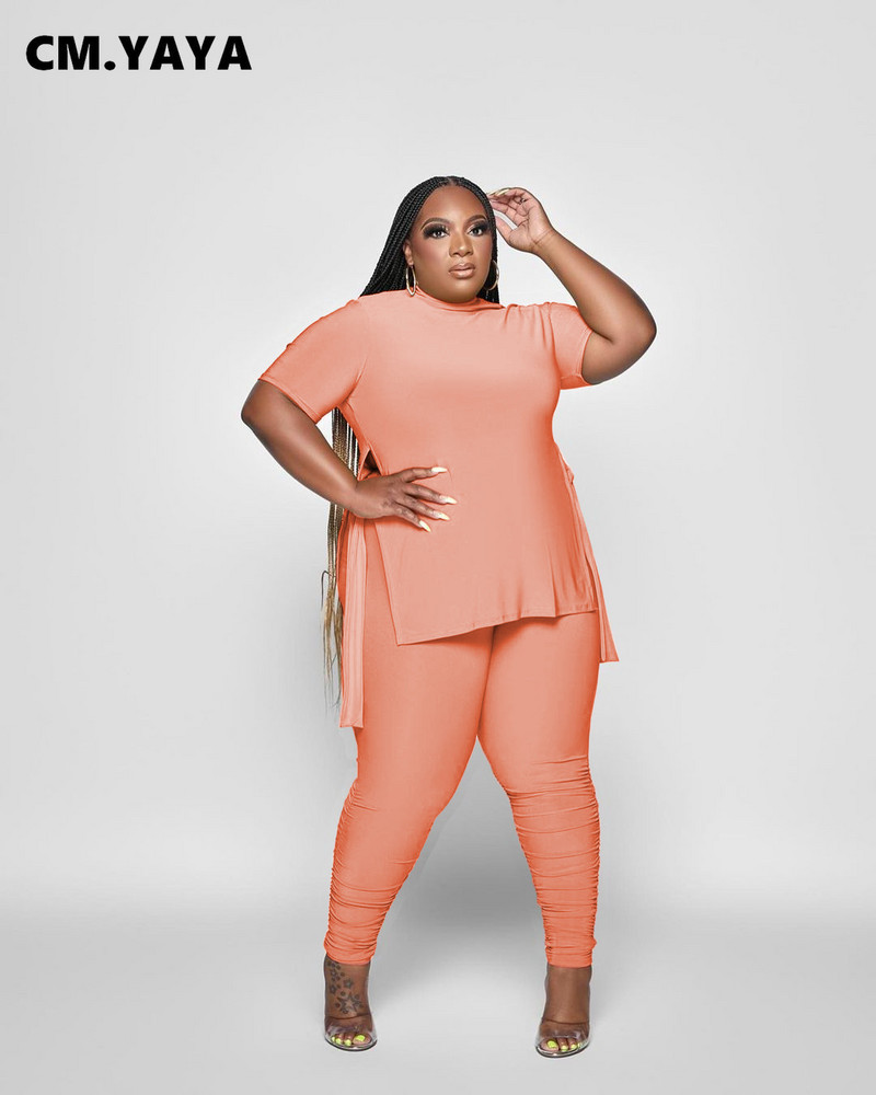 CM.YAYA Liela izmēra treniņš sievietēm, divi 2 daļīgs komplekts, apģērbs, sporta tērps, 2022. gada kaklasaites sānu T-krekls un stulpiņi, bikses, atbilstošs sporta tērps