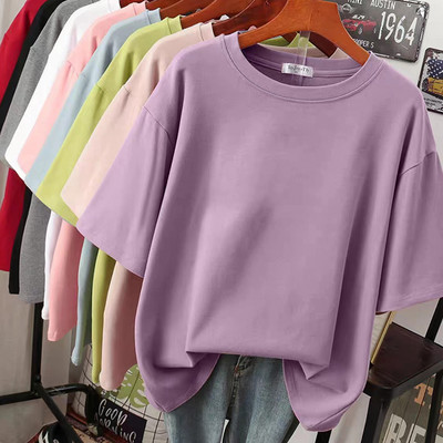 DAYIFUN Solid Liela izmēra T-krekli Sieviešu vasaras kokvilnas T-krekli ar īsām piedurknēm O veida kakla izgriezumu Topi Sieviešu lielizmēra L-5XL ikdienas T krekls