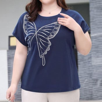 Fashion Royal Blue Plus Size Pullover Tops Καλοκαιρινά Γυναικεία Ρούχα Διαμάντια Splicing Butterfly κοντομάνικο φαρδύ T-shirt Trend