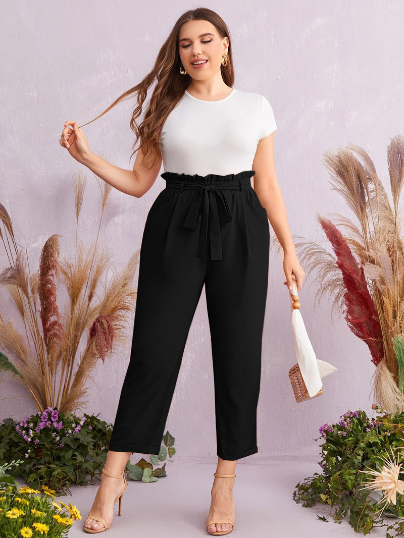 Pantaloni eleganti de vară, mărimi mari, până la gleznă, talie, negri, drepți, pantaloni croiți de dimensiuni mari, pantaloni 5XL 6XL 7XL