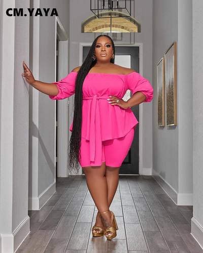 CM.YAYA liela izmēra sieviešu komplekts pleciem ar vērtnēm Blūzes un šortu uzvalks 2023. gada INS vasaras divu 2 daļīgu komplektu tērpi treniņtērps