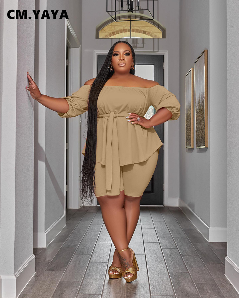 CM.YAYA liela izmēra sieviešu komplekts pleciem ar vērtnēm Blūzes un šortu uzvalks 2023. gada INS vasaras divu 2 daļīgu komplektu tērpi treniņtērps