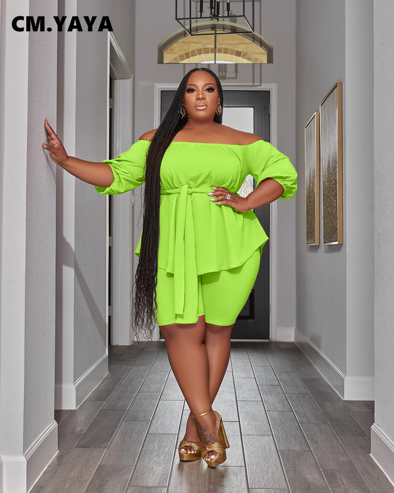 CM.YAYA liela izmēra sieviešu komplekts pleciem ar vērtnēm Blūzes un šortu uzvalks 2023. gada INS vasaras divu 2 daļīgu komplektu tērpi treniņtērps