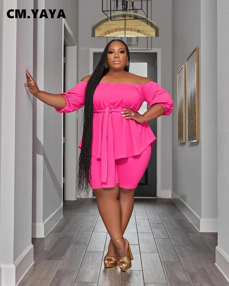 CM.YAYA liela izmēra sieviešu komplekts pleciem ar vērtnēm Blūzes un šortu uzvalks 2023. gada INS vasaras divu 2 daļīgu komplektu tērpi treniņtērps