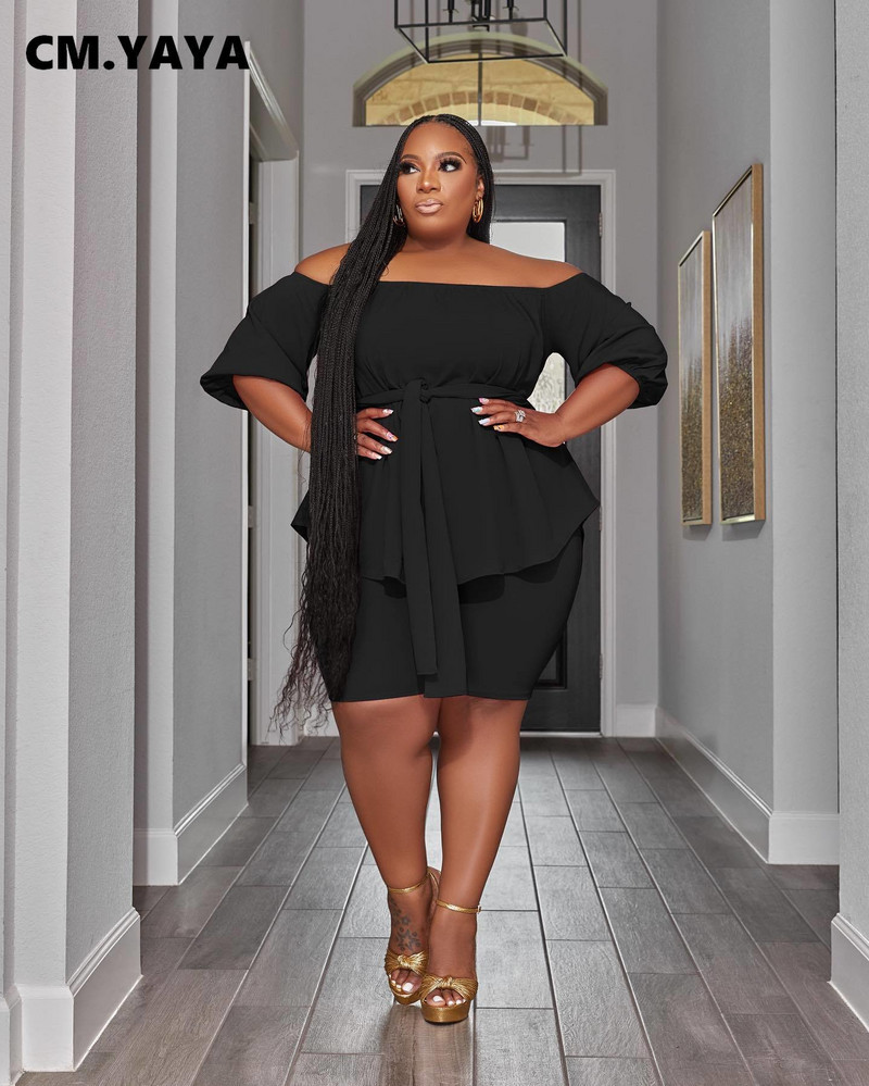 CM.YAYA liela izmēra sieviešu komplekts pleciem ar vērtnēm Blūzes un šortu uzvalks 2023. gada INS vasaras divu 2 daļīgu komplektu tērpi treniņtērps