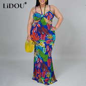 Vasaras lielizmēra eleganti modes apdrukas bikšturi, sieviešu kleita bez muguras