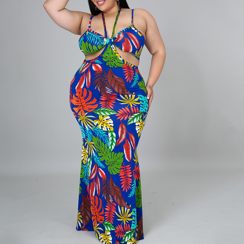 Vasaras lielizmēra eleganti modes apdrukas bikšturi, sieviešu kleita bez muguras