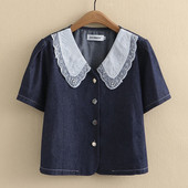 Liela izmēra džinsa jaka sievietēm 2023. gada pavasara vasaras mežģīņu apkakle, kārta, piedurkne, brīvs virsdrēbes, liela izmēra, izliektas drēbes S6-5637