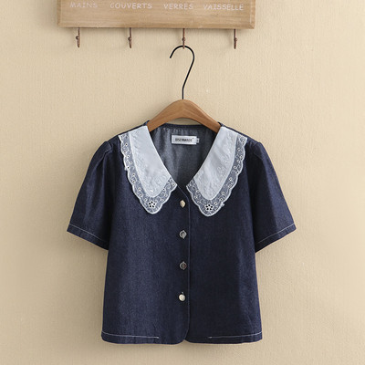 Liela izmēra džinsa jaka sievietēm 2023. gada pavasara vasaras mežģīņu apkakle, kārta, piedurkne, brīvs virsdrēbes, liela izmēra, izliektas drēbes S6-5637