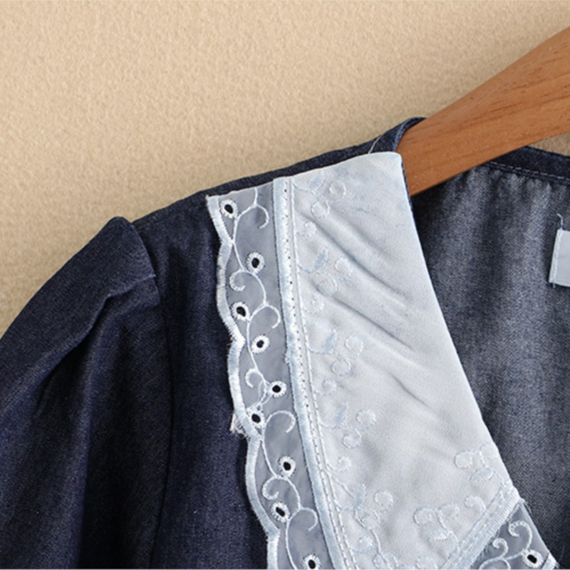 Liela izmēra džinsa jaka sievietēm 2023. gada pavasara vasaras mežģīņu apkakle, kārta, piedurkne, brīvs virsdrēbes, liela izmēra, izliektas drēbes S6-5637