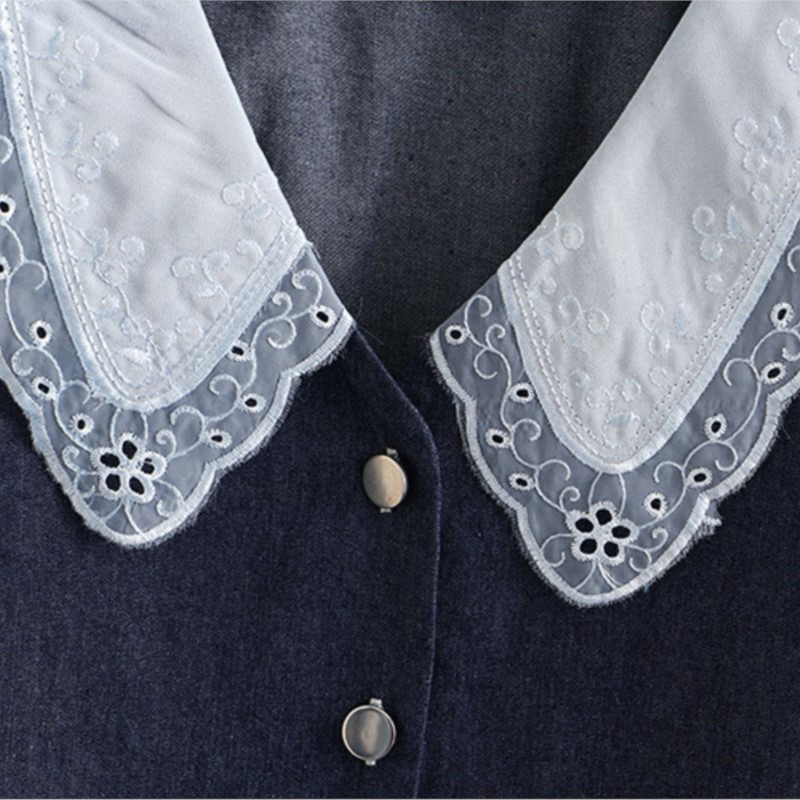 Liela izmēra džinsa jaka sievietēm 2023. gada pavasara vasaras mežģīņu apkakle, kārta, piedurkne, brīvs virsdrēbes, liela izmēra, izliektas drēbes S6-5637