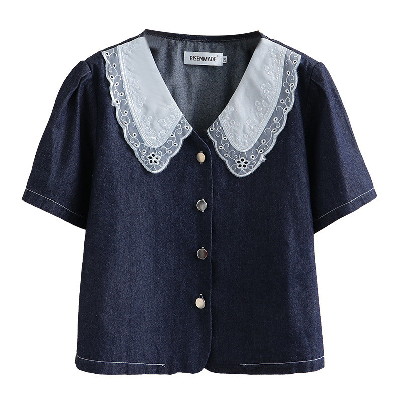 Liela izmēra džinsa jaka sievietēm 2023. gada pavasara vasaras mežģīņu apkakle, kārta, piedurkne, brīvs virsdrēbes, liela izmēra, izliektas drēbes S6-5637