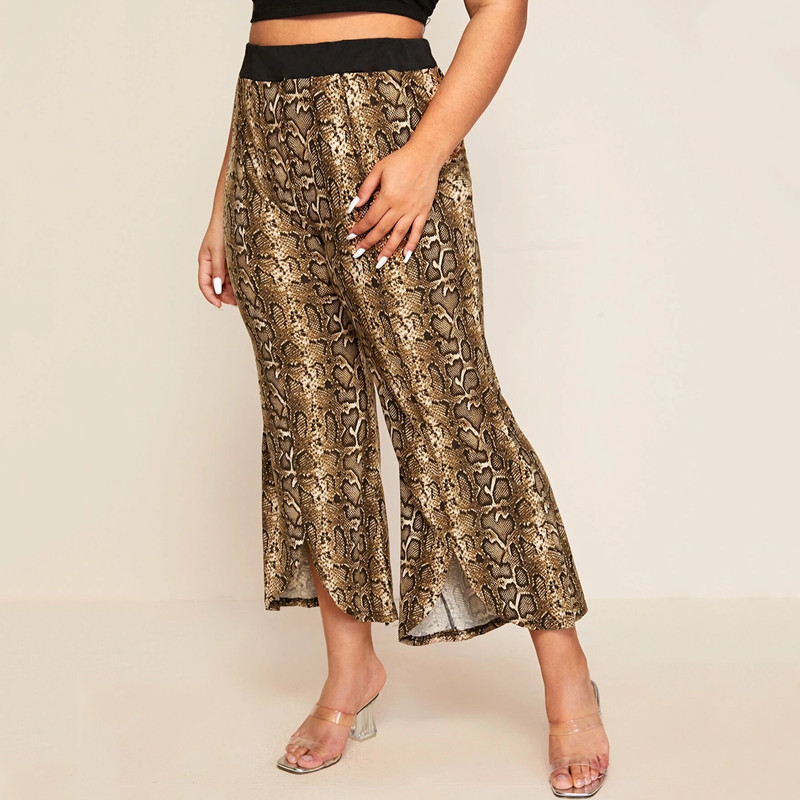 Liela izmēra leoparda apdrukas vasaras elegantas platas bikses sievietēm ar elastīgu vidukli uzliesmojošu bikses līdz potītēm liela izmēra ikdienas bikses