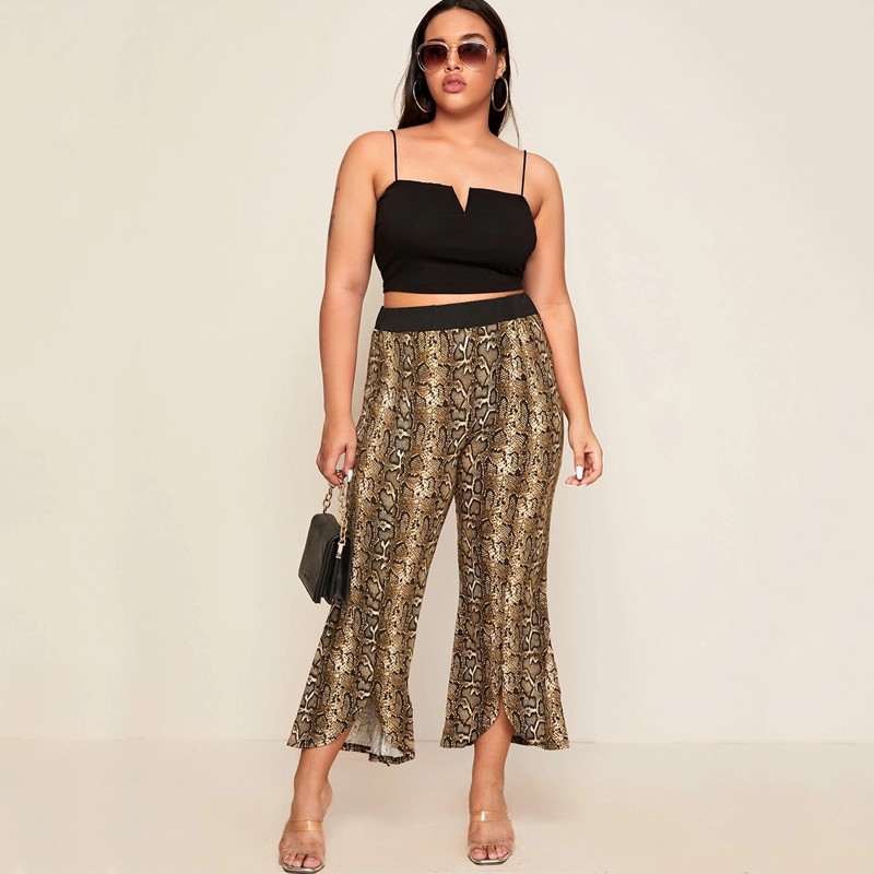 Liela izmēra leoparda apdrukas vasaras elegantas platas bikses sievietēm ar elastīgu vidukli uzliesmojošu bikses līdz potītēm liela izmēra ikdienas bikses