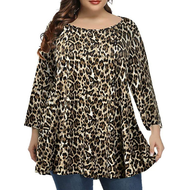 Liela izmēra T-krekls Sieviešu pavasara rudens ar garām piedurknēm ar leoparda rakstu vintage blūze, gara, brīva, liela izmēra sieviešu topi, sieviešu apģērbi