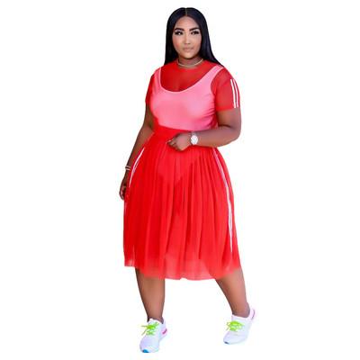 Seksīgi tērpi Modes pārskats ar īsām piedurknēm Tīkla vidēja izmēra svārki Lielizmēra sieviešu divdaļīgs uzvalks 4xl 5xl Vairumtirdzniecība Dropshipping