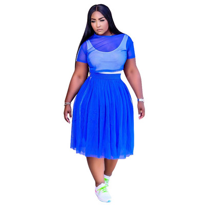 Seksīgi tērpi Modes pārskats ar īsām piedurknēm Tīkla vidēja izmēra svārki Lielizmēra sieviešu divdaļīgs uzvalks 4xl 5xl Vairumtirdzniecība Dropshipping