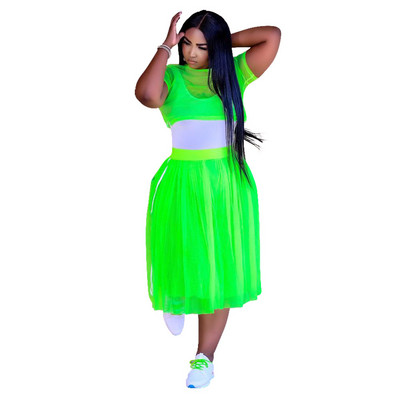 Seksīgi tērpi Modes pārskats ar īsām piedurknēm Tīkla vidēja izmēra svārki Lielizmēra sieviešu divdaļīgs uzvalks 4xl 5xl Vairumtirdzniecība Dropshipping