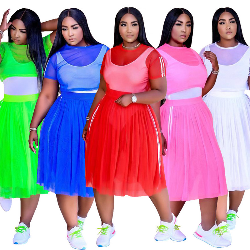 Seksīgi tērpi Modes pārskats ar īsām piedurknēm Tīkla vidēja izmēra svārki Lielizmēra sieviešu divdaļīgs uzvalks 4xl 5xl Vairumtirdzniecība Dropshipping