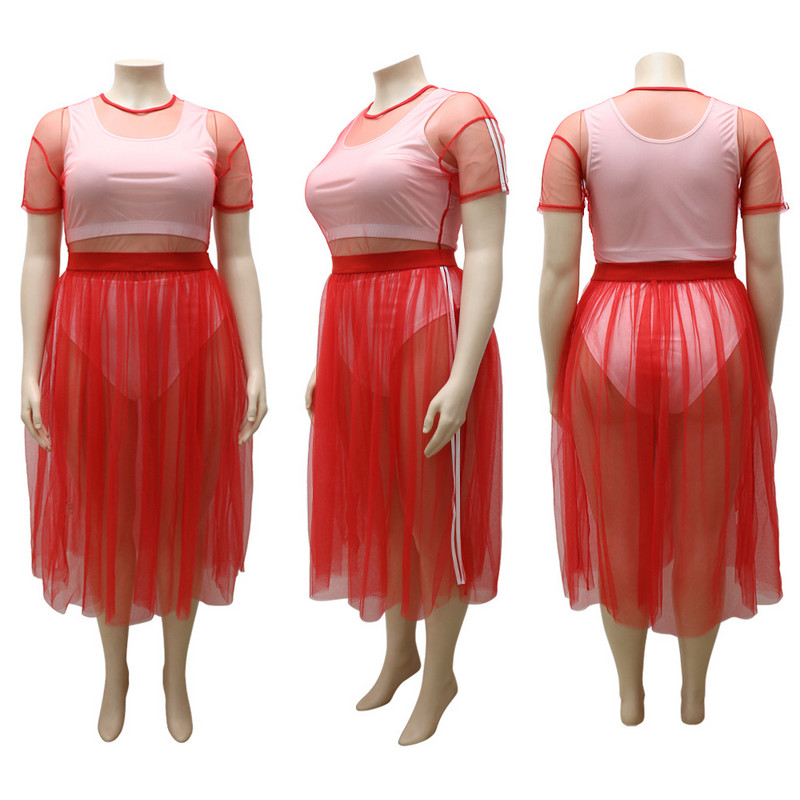 Seksīgi tērpi Modes pārskats ar īsām piedurknēm Tīkla vidēja izmēra svārki Lielizmēra sieviešu divdaļīgs uzvalks 4xl 5xl Vairumtirdzniecība Dropshipping