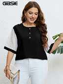 Γυναικείο μπλουζάκι GIBSIE Plus με κουμπιά μπροστά με λαιμόκοψη Καλοκαίρι 2023 Νέα αντίθεση Μισό μανίκι Χαλαρά Casual όλα ταιριάζουν Γυναικεία μπλουζάκια