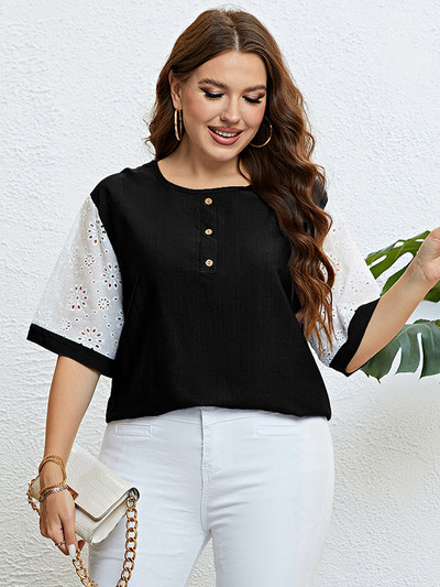 Γυναικείο μπλουζάκι GIBSIE Plus με κουμπιά μπροστά με λαιμόκοψη Καλοκαίρι 2023 Νέα αντίθεση Μισό μανίκι Χαλαρά Casual όλα ταιριάζουν Γυναικεία μπλουζάκια