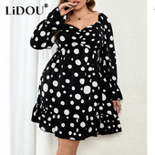 2022. gada rudens ziemas punktveida lielizmēra modes temperamenta kleita sievietēm ar garām piedurknēm, cienīga kvadrātveida apkakle Vestidos De Fiesta