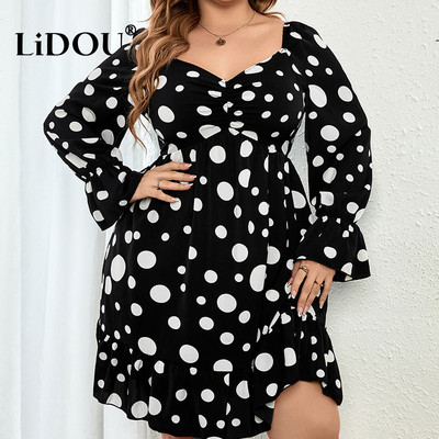 2022. gada rudens ziemas punktveida lielizmēra modes temperamenta kleita sievietēm ar garām piedurknēm, cienīga kvadrātveida apkakle Vestidos De Fiesta