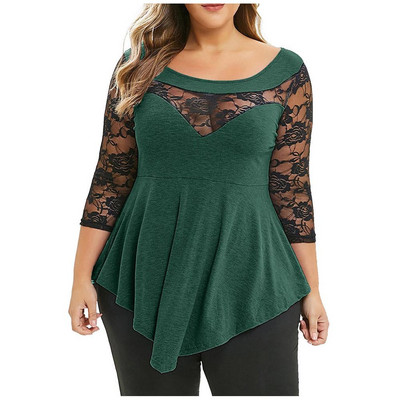 Plus Size 5XL Floral δαντέλα Hollow Out Sexy Tunic Μπλούζα Γυναικεία Ρούχα Καλοκαιρινά μπλουζάκια μεγάλου μεγέθους Γυναικεία βολάν ακανόνιστη μπλούζα