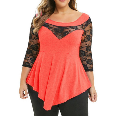 Plus Size 5XL Floral δαντέλα Hollow Out Sexy Tunic Μπλούζα Γυναικεία Ρούχα Καλοκαιρινά μπλουζάκια μεγάλου μεγέθους Γυναικεία βολάν ακανόνιστη μπλούζα