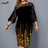 Φθινόπωρο, Χειμώνας, Plus Size Lace Patchwork Print Midi Φόρεμα Μόδα με μανίκια τρία τέταρτα Φόρεμα με γοφό πακέτο Oversized Party Dress