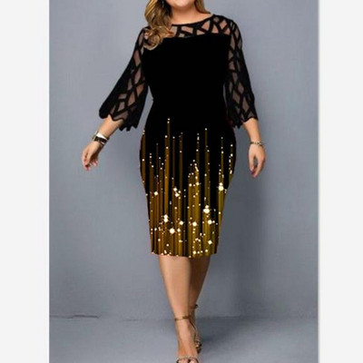 Φθινόπωρο, Χειμώνας, Plus Size Lace Patchwork Print Midi Φόρεμα Μόδα με μανίκια τρία τέταρτα Φόρεμα με γοφό πακέτο Oversized Party Dress