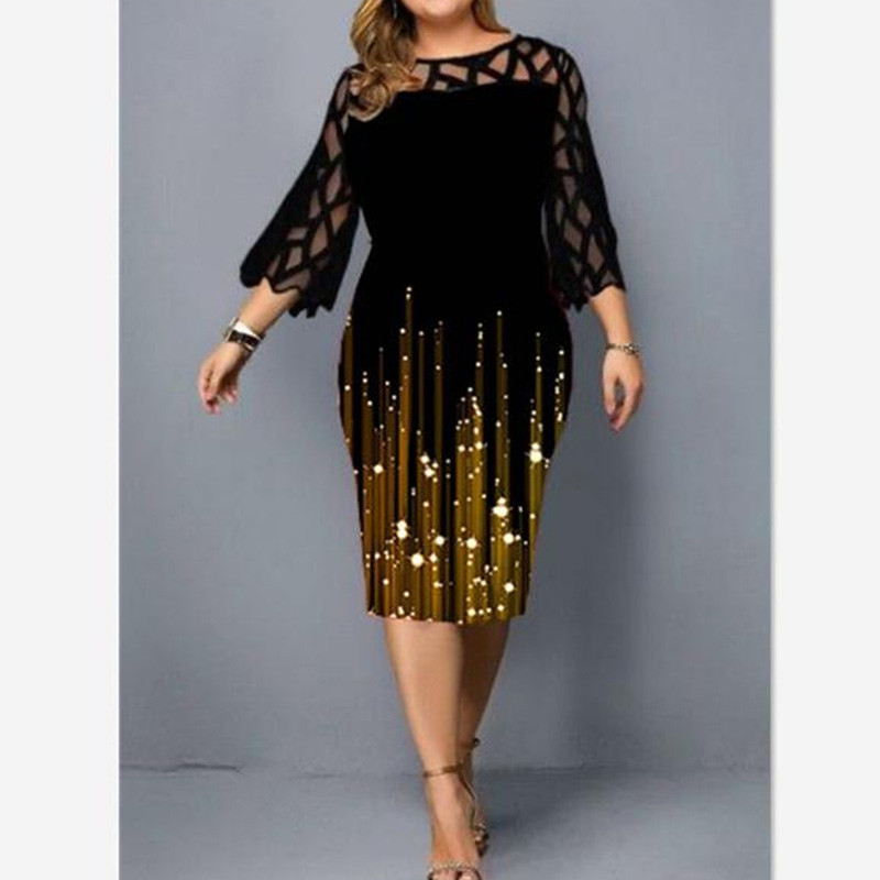 Φθινόπωρο, Χειμώνας, Plus Size Lace Patchwork Print Midi Φόρεμα Μόδα με μανίκια τρία τέταρτα Φόρεμα με γοφό πακέτο Oversized Party Dress