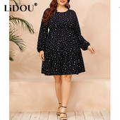 Pavasara rudens lielizmēra kleita ar punktveida apdruku, sieviešu kleita ar garām piedurknēm, brīva ikdienas lielizmēra seksīga sieviešu apģērbi Vestidos De Fiesta